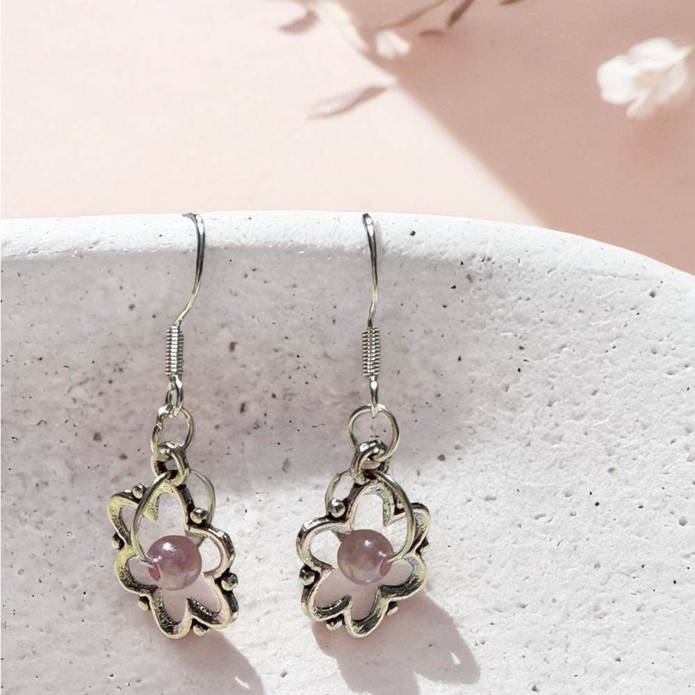Hand Crafted Silver Flower Drop Earrings with Pink Centers - Picture 3 of 7